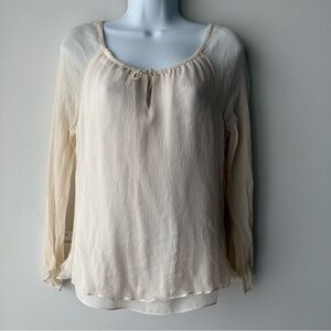 Vintage SPENCER JEREMY Cream 100% Silk Peasant Blouse Tie Neck Boho Y2K